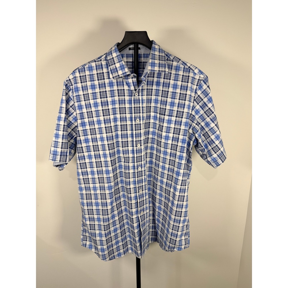 Bugatchi Uomo Mens Blue White Plaid Short Sleeve Button Down Shirt Classic Fit